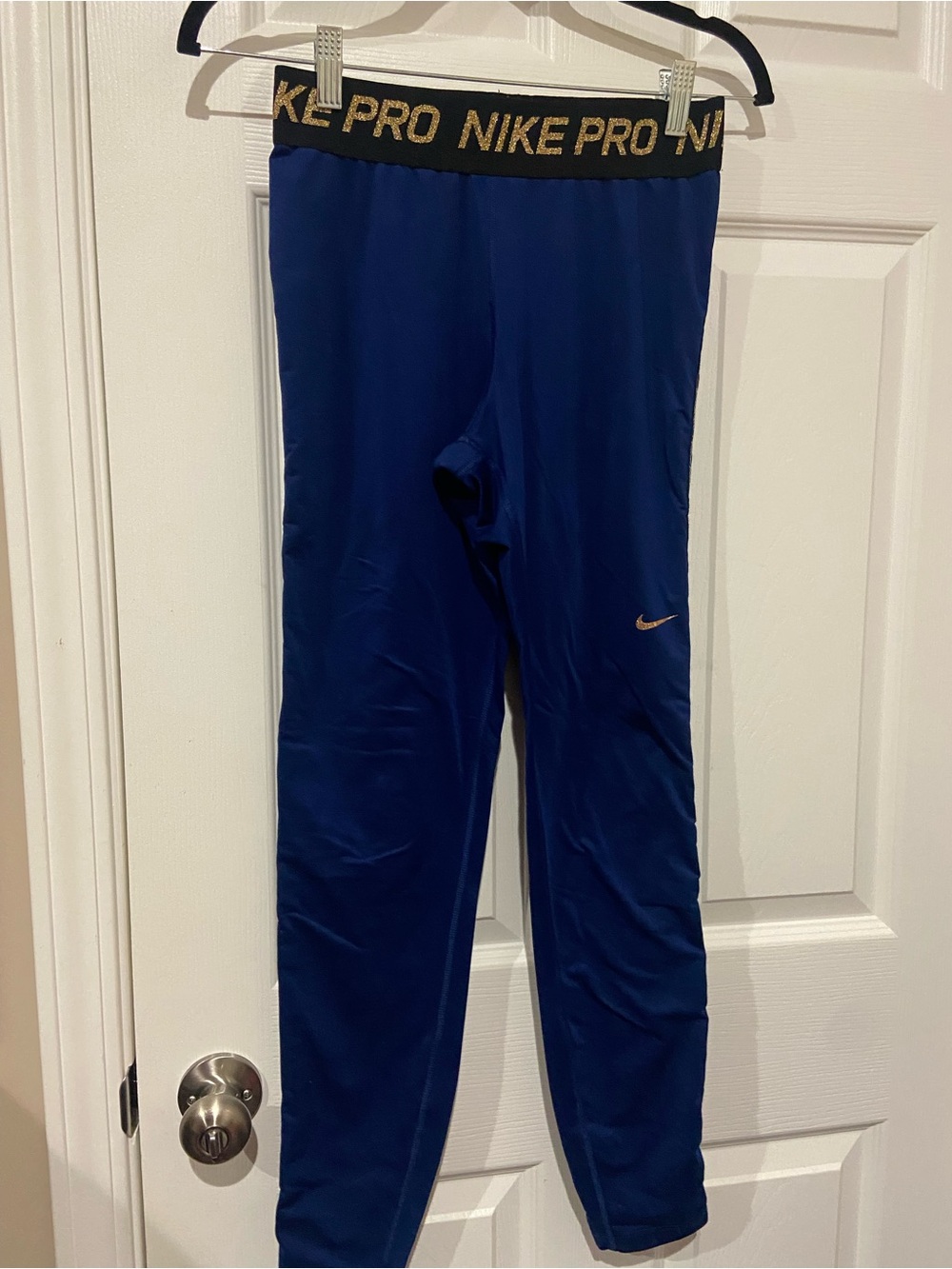 Nike Blue Compression Leggings with Gold Waistband